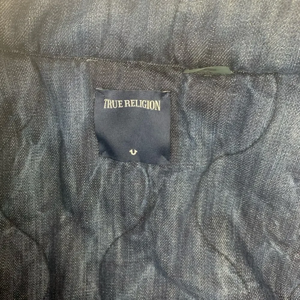 True Religion mens large puffer Indigo Denim Vest reversible logo